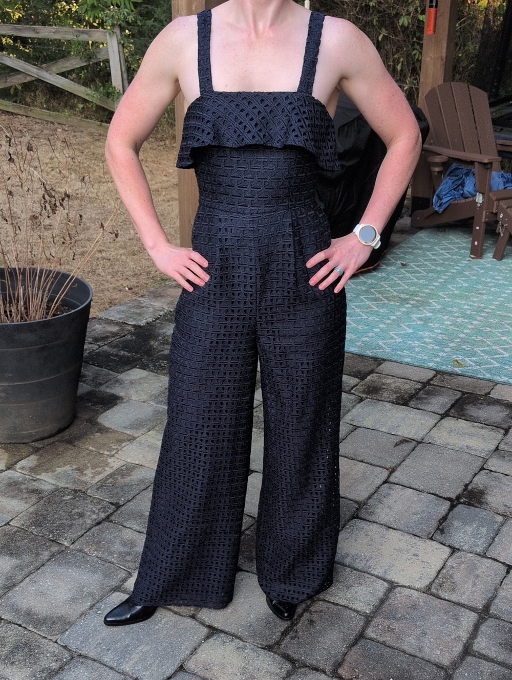 Navy Blue Textured Wide-Leg Jumpsuit